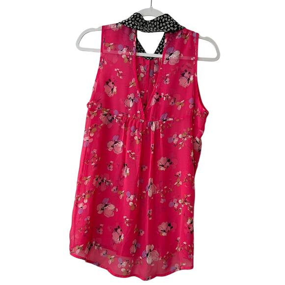 Bisou Bisou Medium Blouse Sleeveless Tank Sheer Top Shirt Pink Pleated Collar - Picture 2 of 5